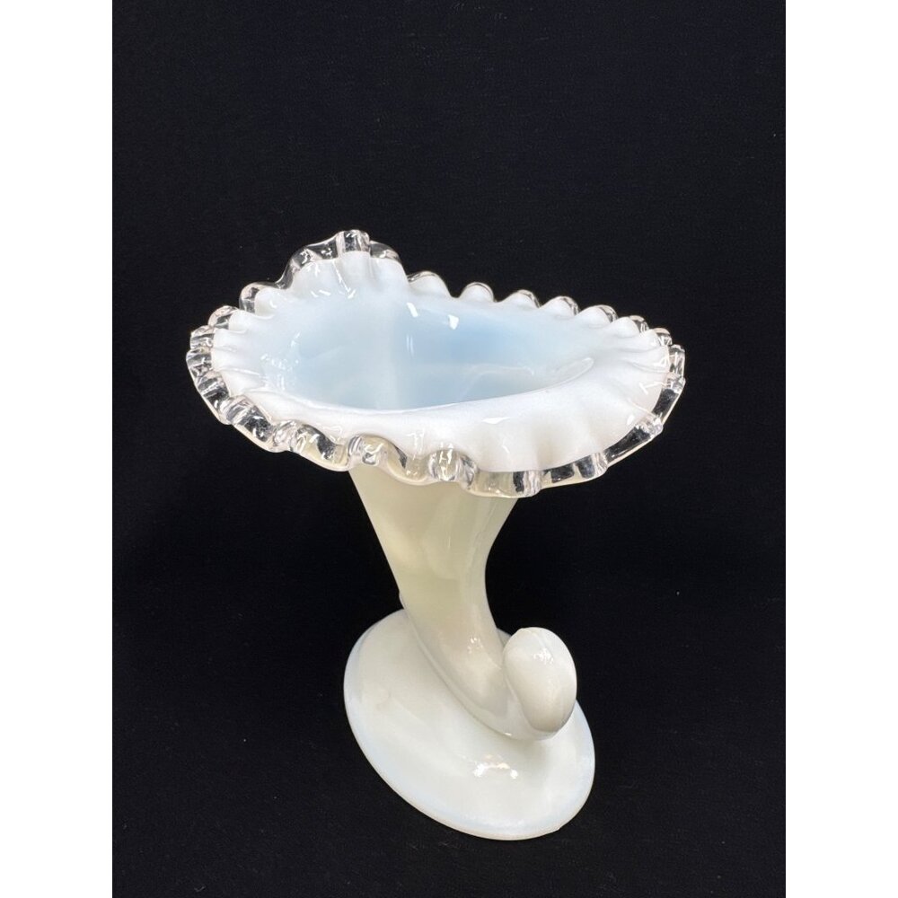 Vtg Fenton Silver Crest Milk Glass Cornucopia Ruffled Candle Holder 6.5'' Tall